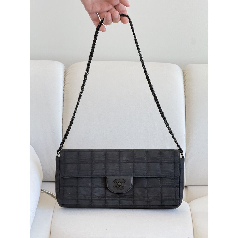 Chanel Vintage Travel Line Nylon East West Flap Shoulder Bag Black